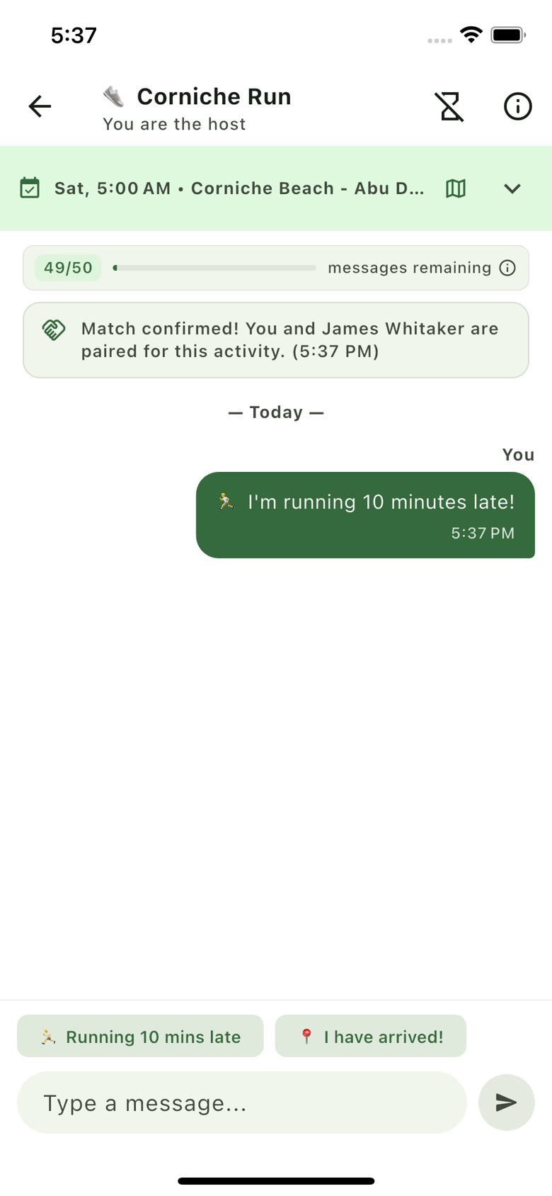 Chat for Corniche Run with running late and I have arrived replies