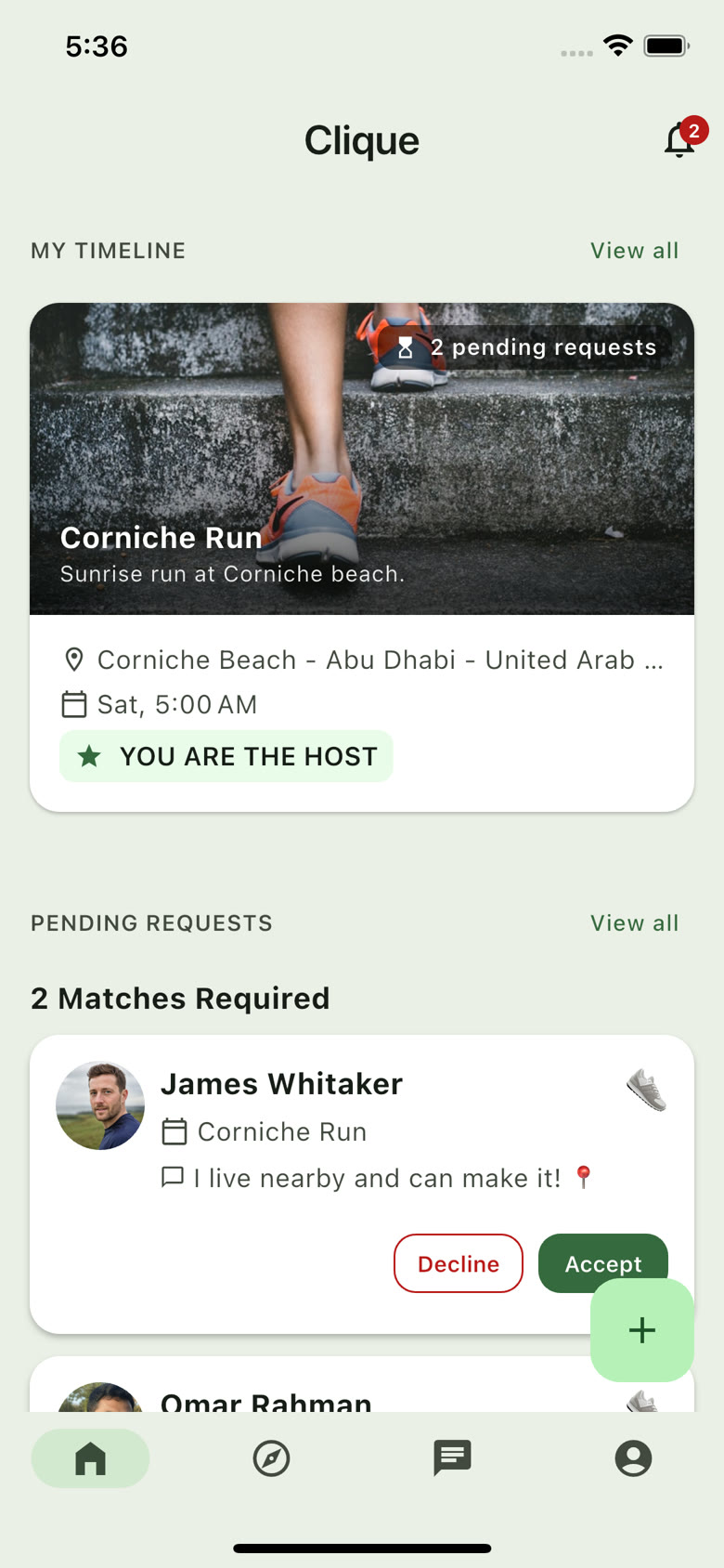 Home timeline with Corniche Run and pending join requests