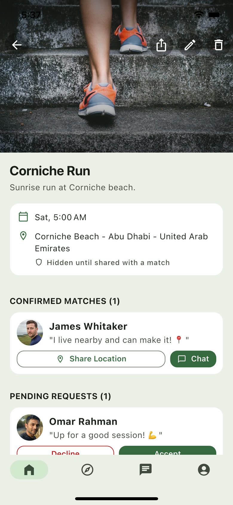 Activity details with confirmed matches and pending requests